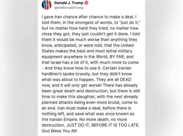 Iran, Trump si schiera con Israele: “Vi avevo avvisati di fare un accordo con Tel Aviv; ora siete tutti morti, trovate intesa e fermate massacro”