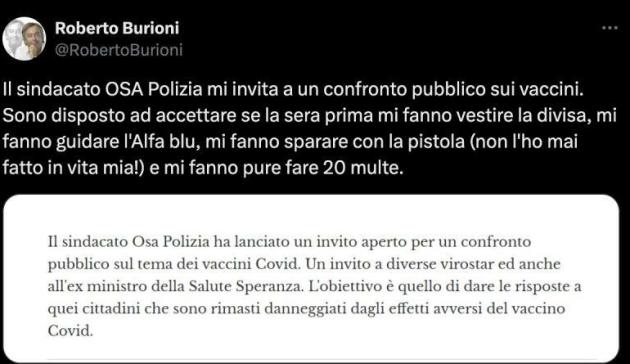 Burioni rifiuta confronto con Osa Polizia su danneggiati da vaccino Covid, sindacato: "Non è una caduta di stile, è il suo stile"