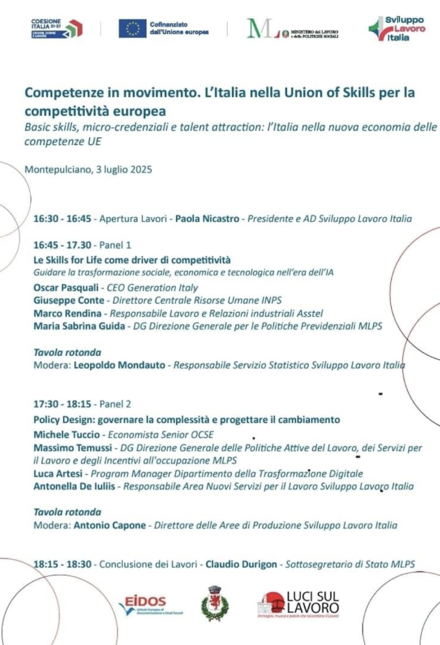 Sviluppo Lavoro Italia a Montepulciano per Luci sul Lavoro 2025. “Competenze in movimento. L'Italia nella Union of Skill per la competitività europea”
