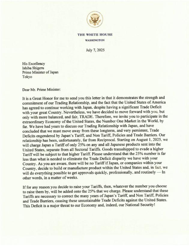 Lettere di Trump sui dazi, 25% a Giappone e Corea del Sud dal 1° agosto: “Dimostra la forza e l’impegno della nostra relazione commerciale”