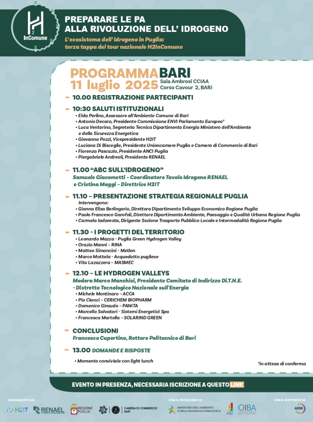 Arriva a Bari la terza tappa di H2InComune, la rivoluzione dell’idrogeno con H2IT, RENAEL e Regione Puglia per sensibilizzare la Pubblica Amministrazione 