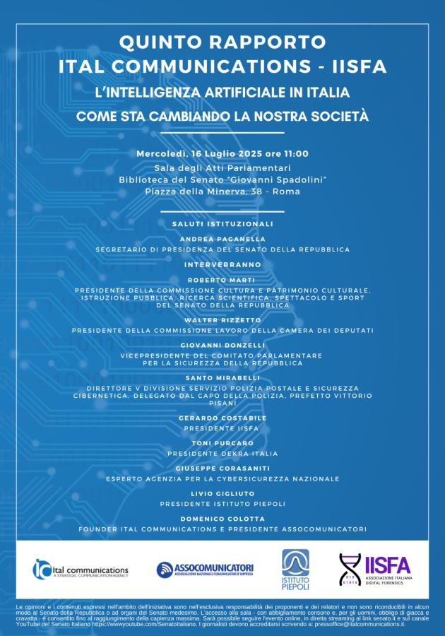 Presentazione al Senato del Quinto Rapporto Ital Communications-IISFA “L'Intelligenza Artificiale in Italia. Come sta cambiando la nostra società”