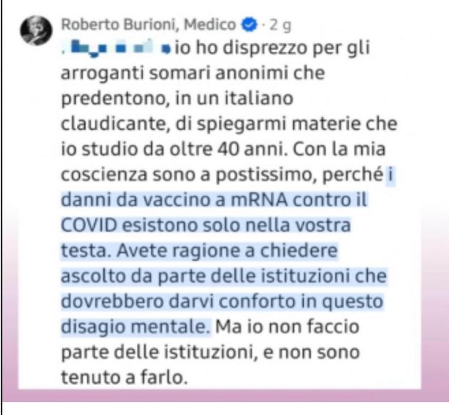 La virostar negazionista Burioni insulta i danneggiati da vaccino Covid: "Reazioni avverse non esistono, somari e malati mentali"