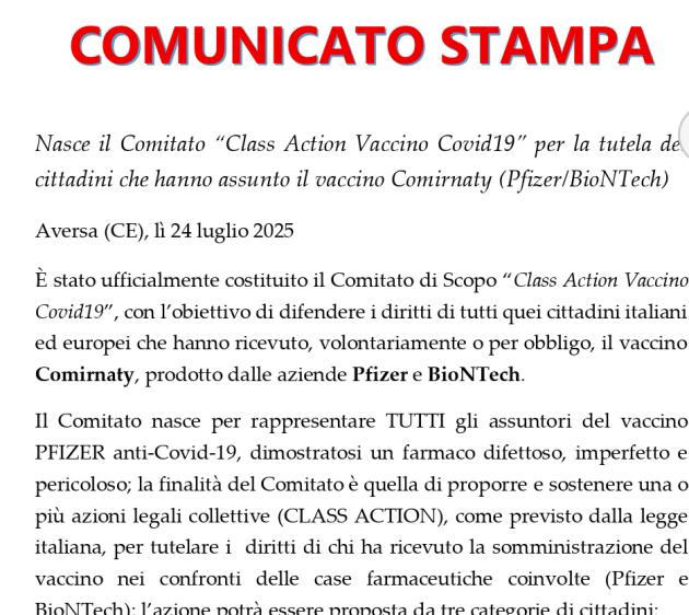 Italia, istituito comitato "class action vaccino Covid" per tutelare chi ha ricevuto e subito danni dal siero di Pfizer, primo Paese al mondo