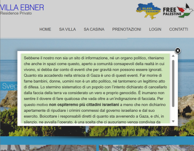 Porto Pino (CA), residence Villa Ebner rifiuta cittadini israeliani: "A Gaza un genocidio, ospiteremo solo chi ripudierà crimini delle Idf"