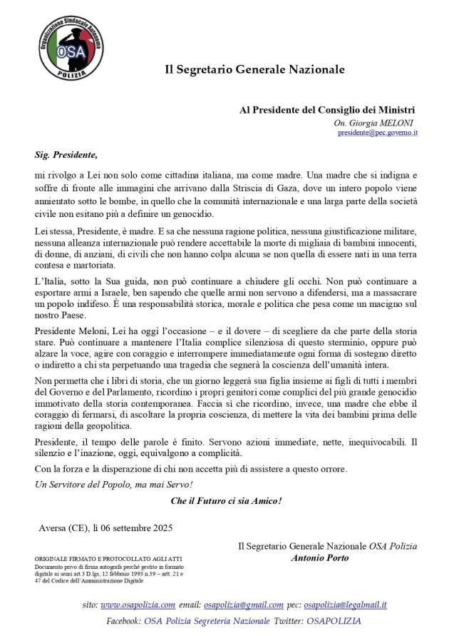 Lettera di OSA Polizia a Meloni: "A Gaza un genocidio, basta esportare armi a Israele, servono azioni immediate, il silenzio è complicità"