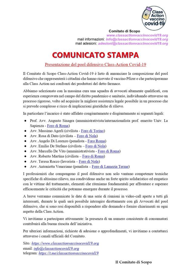 Vaccino Covid, nominato pool difensivo della "class action Covid-19" a tutela di chi ha subito danni da siero Pfizer: presente anche avv Sinagra