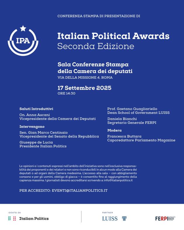Mercoledì 17 settembre, conferenza stampa di presentazione della seconda edizione di Italian Political Awards