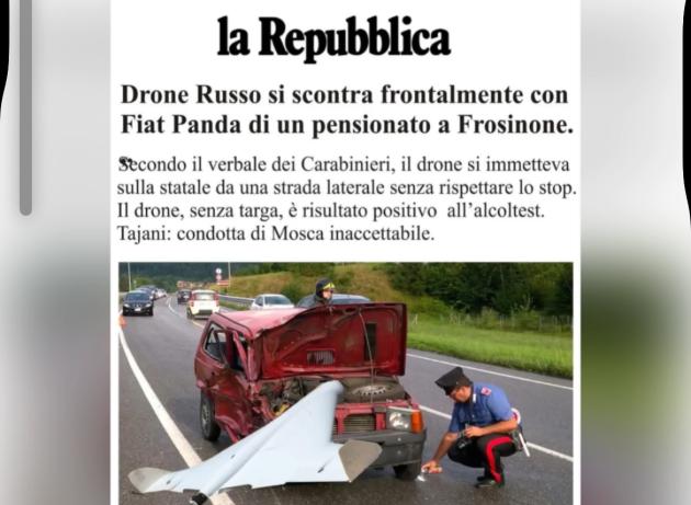 "Drone russo si scontra frontalmente con Fiat Panda di un pensionato a Frosinone", scoppia la parodia in rete
