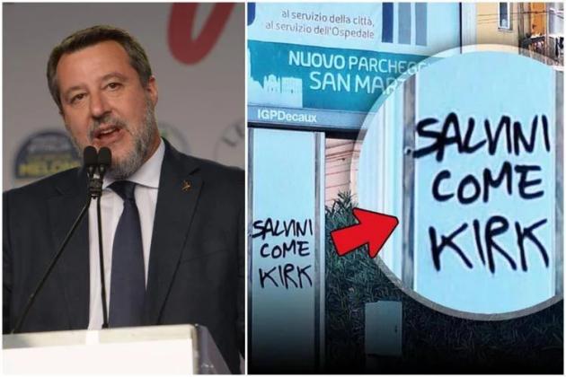 Genova, apparso murale con scritta “Salvini come Kirk” in Corso Europa, il vicepremier: “Nessuna paura, le minacce non ci fermeranno”