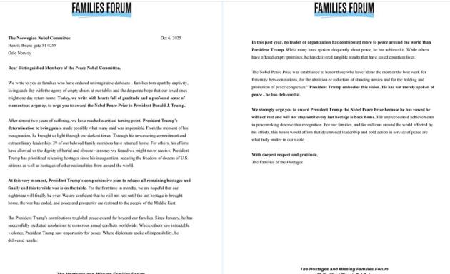 7 ottobre, la LETTERA dei familiari degli ostaggi a comitato norvegese per Nobel: “A Trump premio per la pace, con lui incubo vicino a fine”
