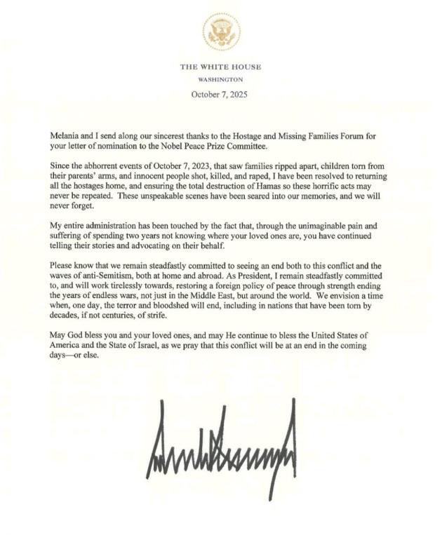 7 ottobre, la LETTERA di Trump in risposta a famiglie degli ostaggi: "Lavorerò per la pace attraverso la forza, in Medio Oriente e nel resto del mondo"