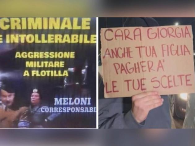 Milano, volantino con Meloni vestita da fascista accanto ad Hitler e slogan “Tua figlia pagherà” durante proteste pro-Pal contro genocidio a Gaza