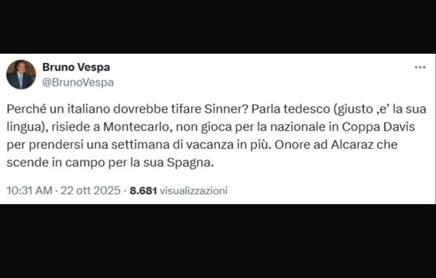 Bruno Vespa contro Sinner dopo il no a Coppa Davis, il giornalista: “Perché un italiano dovrebbe tifare per lui? Parla tedesco e risiede a Monaco”