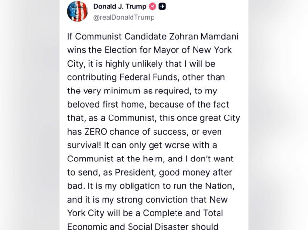 Elezioni New York, Trump attacca Mamdani: “Se diventa sindaco quel comunista taglio i fondi alla città”, Musk: “Votate Cuomo”, ma per i sondaggi il 34enne è in vantaggio di 14,3 punti