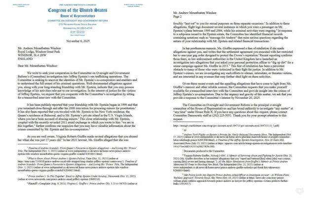 Caso Epstein, dem della Camera chiamano ex Principe Andrea a testimoniare su suoi rapporti "di amicizia" col finanziere - il DOCUMENTO del Congresso