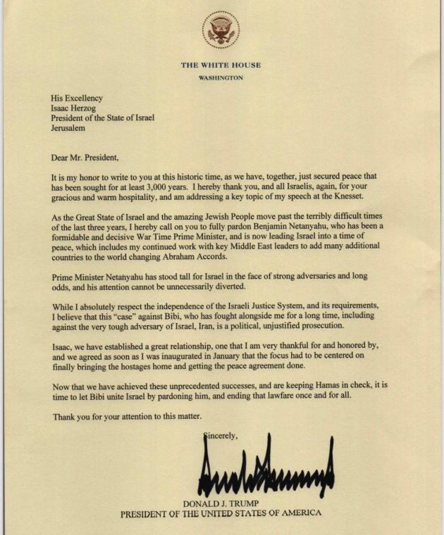 Usa, Trump insiste e scrive a Herzog: &ldquo;Grazia Netanyahu&rdquo;, presidente israeliano frena: &ldquo;Serve procedura formale&rdquo; - la LETTERA