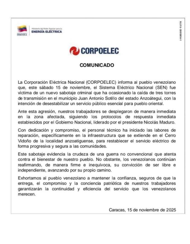 Venezuela, azienda Corpoelec denuncia "sabotaggio" contro 3 torri trasmissione, repubblicano Gimenez: "Attentato fatto per incolpare Usa" - DOCUMENTO