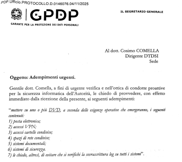 Garante della Privacy, il DOCUMENTO nel quale Angelo Fanizza chiedeva "l'accesso a mail, Vpn e cartelle condivise" dei dipendenti
