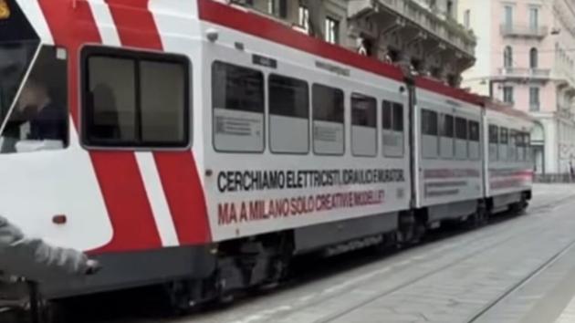 Milano, sui tram lo spot provocatorio di Save Group alla ricerca di personale: “Cerchiamo elettricisti, ma ci sono solo creativi e modelle?”
