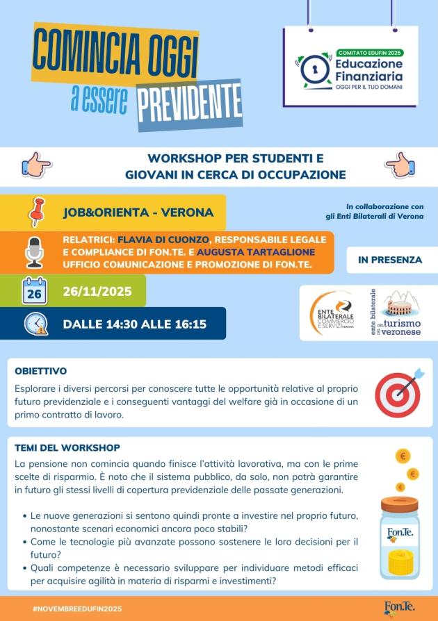 Educazione finanziaria. A Verona Fondo Fon.Te. presenta il workshop “Comincia oggi a essere previdente”