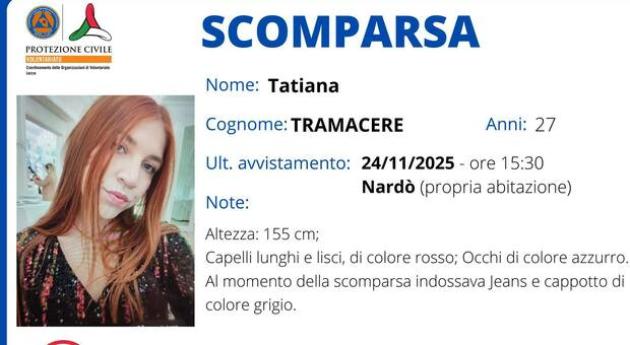 Nardò (LE), scomparsa 27enne Tatiana Tramacere, ricerche anche con cani molecolari, la madre: “Doveva andare a lavorare, le è capitato qualcosa”