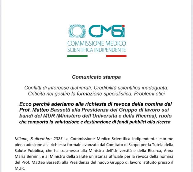 Nomina Bassetti MUR, CMSi: "Subito revoca per conflitti d'interesse dichiarati su vaccino Covid e per credibilità scientifica"