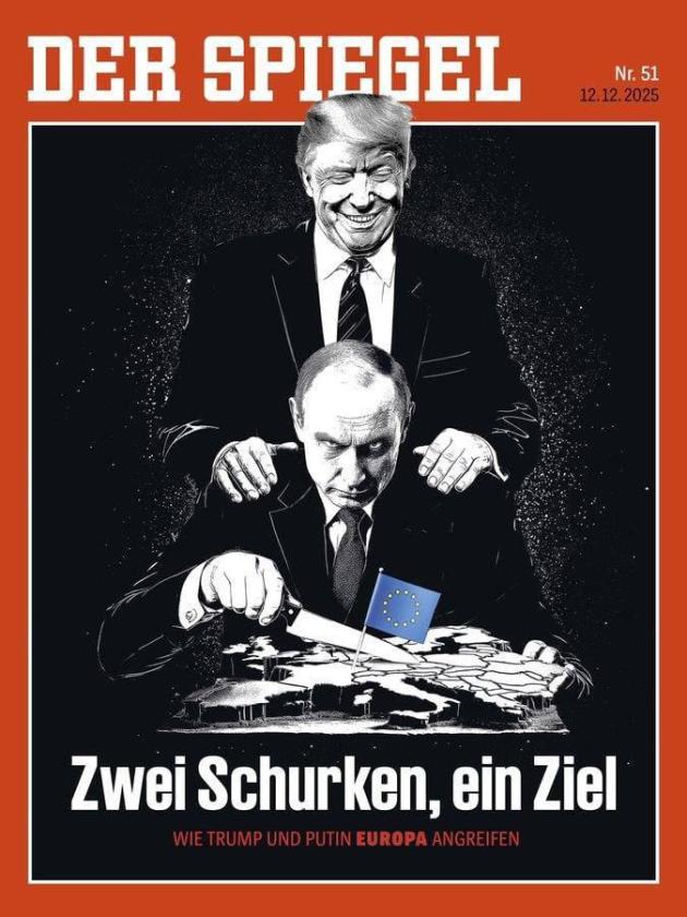 Der Spiegel, "Come Trump e Putin stanno attaccando l'Ue, due cattivi un obiettivo": la copertina che incita al riarmo contro il "nemico inesistente russo"
