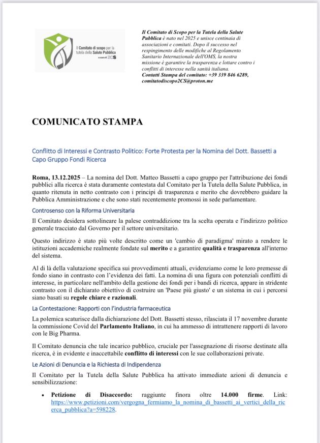 Comitato salute pubblica: "Nomina di Bassetti al MUR un controsenso con la riforma universitaria, conflitti d'interesse con Big Pharma"