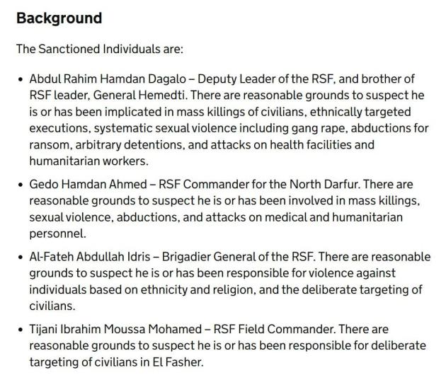 Sudan, UK sanziona 4 leader RSF per "esecuzioni sommarie e stupri" tra cui il fratello di Dagalo; stanziati &pound;21mln in aiuti a civili