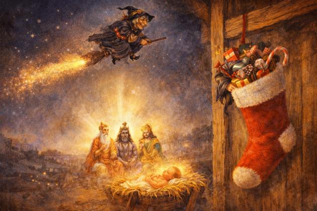 Epifania moderna: la sovrapposizione del folklore pre-cristiano sul cristianesimo, lo sdoganamento consumistico della Befana e della calza che insieme a Babbo Natale cancellano il significato profondo