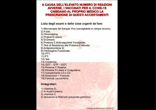 Vaccino Covid, avviso per soggetti inoculati: &ldquo;Chiedete al medico 19 esami di accertamento per elevato numero di effetti avversi&rdquo;