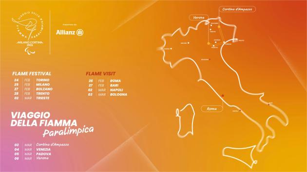 Milano Cortina 2026,  il percorso completo della Fiamma Paralimpica, oltre 2.000 km attraverso l&rsquo;Italia, coinvolti 501 tedofori 
