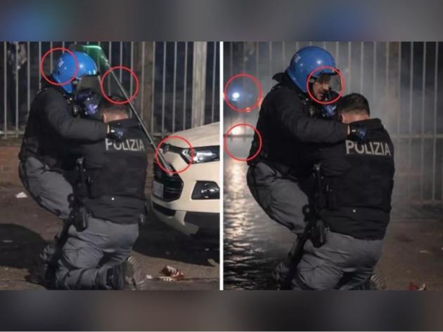 Scontri a Torino, foto poliziotto Calista abbracciato dal collega che l'ha soccorso modificata con l'AI, Polizia: "Non generata da noi"