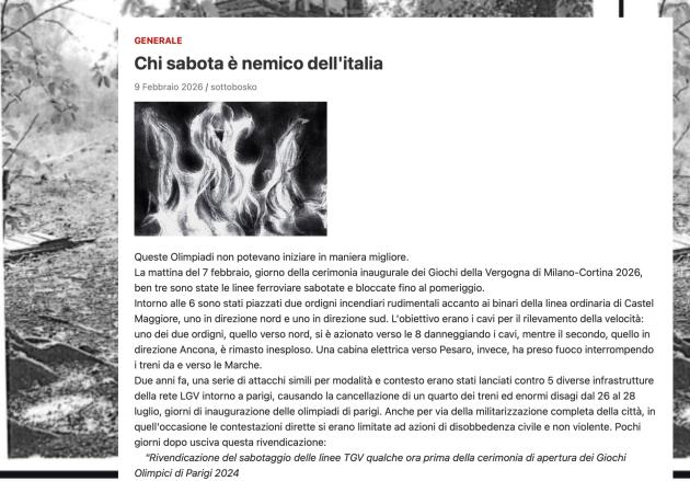 Sabotaggi treni, ordigni fatti con bottiglie infiammabili, la "rivendicazione" dell'attacco su 'sottobosko.noblogs': "Fuoco alle Olimpiadi"