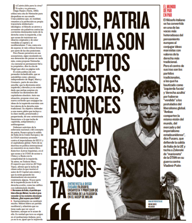Diego Fusaro su El Mundo: "Se Dio , Patria e Famiglia sono concetti fascisti, allora Platone era un fascista"
