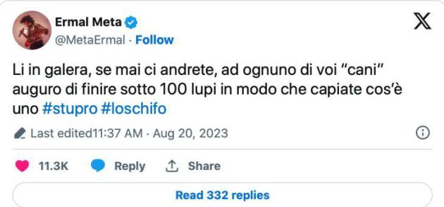 Ermal Meta, commento stupro Palermo: "A voi cani auguro di finire in galera sotto 100 lupi", e il web s'indigna