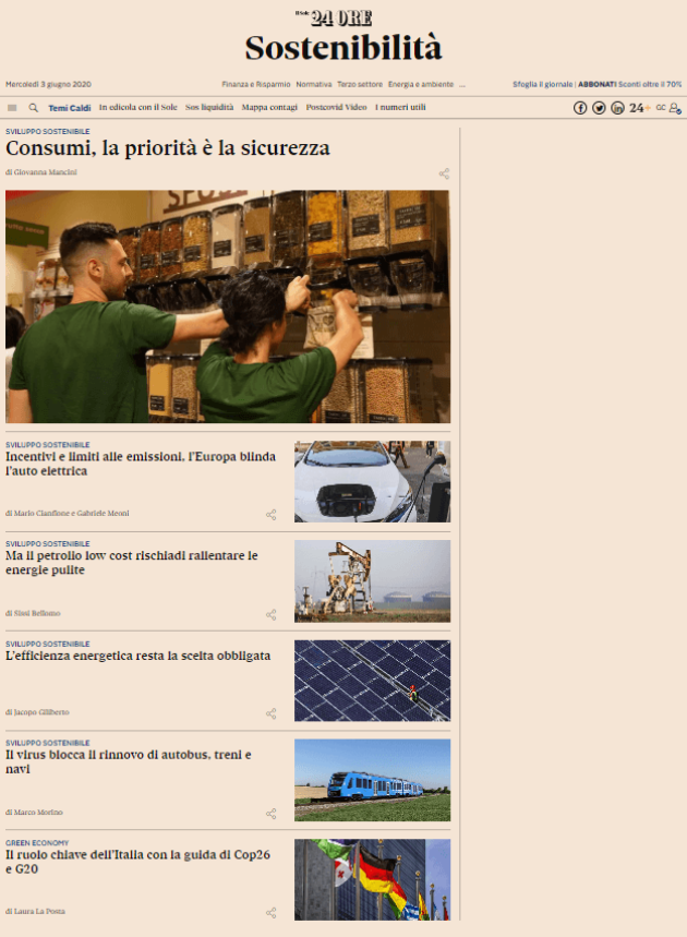 Il Sole 24 Ore: debutta online la nuova sezione 'sostenibilità'