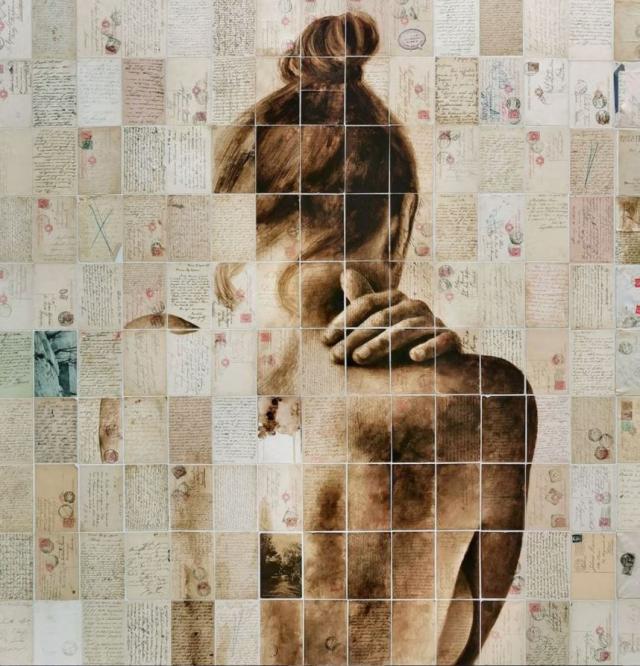 Fabio Imperiale, La cattedrale riemersa, 2020 coffee and bitumen on old postcards on board 141 x 139 cm