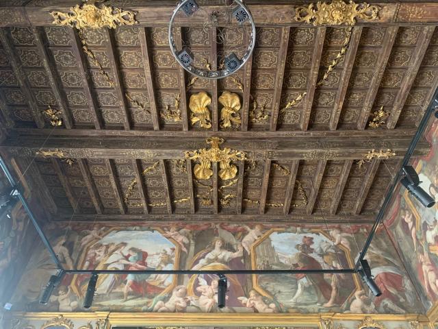 soffitto ligneo con stucchi dorati e  dipinto Enea e Didone di Melchiorre Gherardini 1646-48
