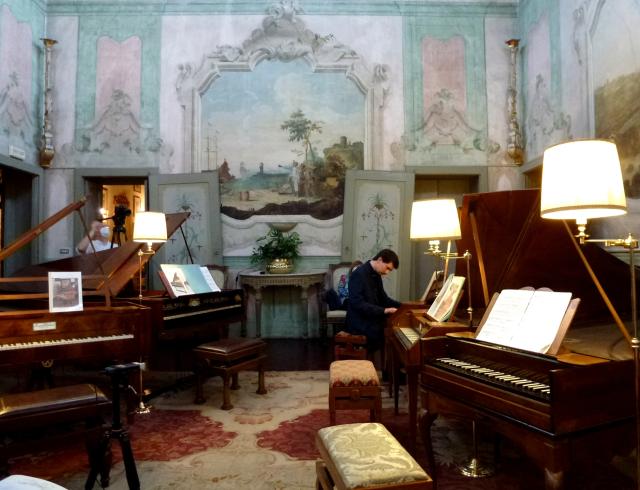 Particolare della sala dipinta da Francesco Zuccarelli degli preziosi strumenti delle liuterie viennesi