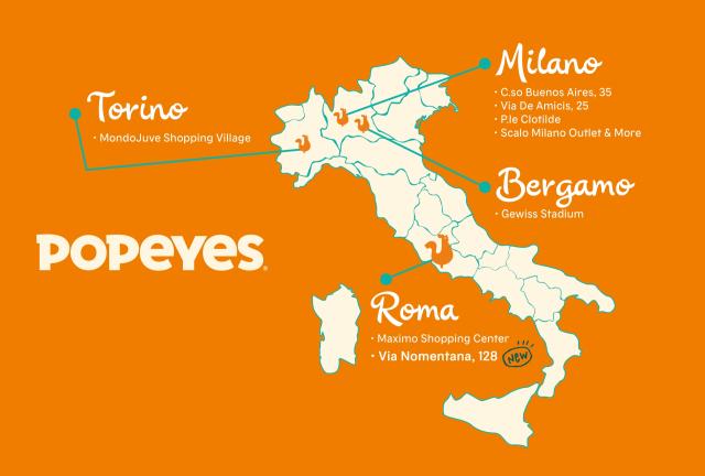 La mappa dei locali Popeyes in Italia