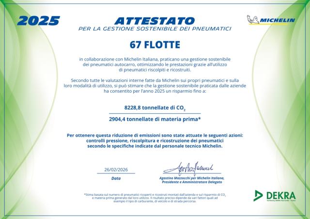 Michelin premia 67 flotte con Attestato per la Gestione Sostenibile dei Pneumatici
