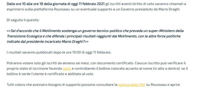 Rousseau, quesito governo Draghi tendenzioso