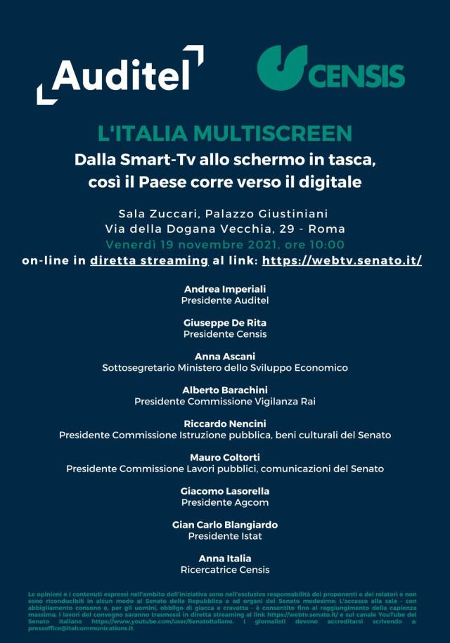 Presentazione Quarto Rapporto Auditel-Censis &ldquo;L&rsquo;Italia Multiscreen: dalla Smart-Tv allo schermo in tasca, cos&igrave; il Paese corre verso il digitale&rdquo;