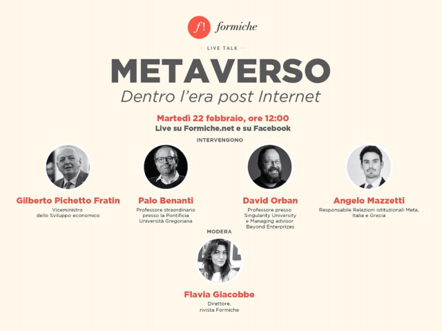 Al via il live talk per la presentazione della rivista Formiche, &ldquo;Metaverso. Dentro l&rsquo;era post Internet&rdquo;