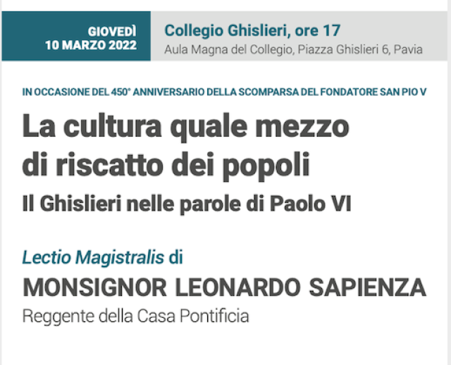 Gioved&igrave;' 10 marzo la Lectio Magistralis di Monsignor Leonardo Sapienza  al Collegio Ghislieri 