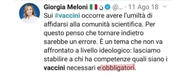 Meloni cancella i post in cui diceva di affidarsi ai vaccini e alla comunit&agrave; scientifica