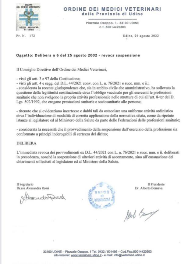 Vaccino Covid, il Presidente dei medici veterinari di Udine, revoca l'obbligo vaccinale