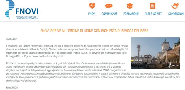 Obbligo vaccinale, FNOVI revoca la delibera dell'ordine di Udine